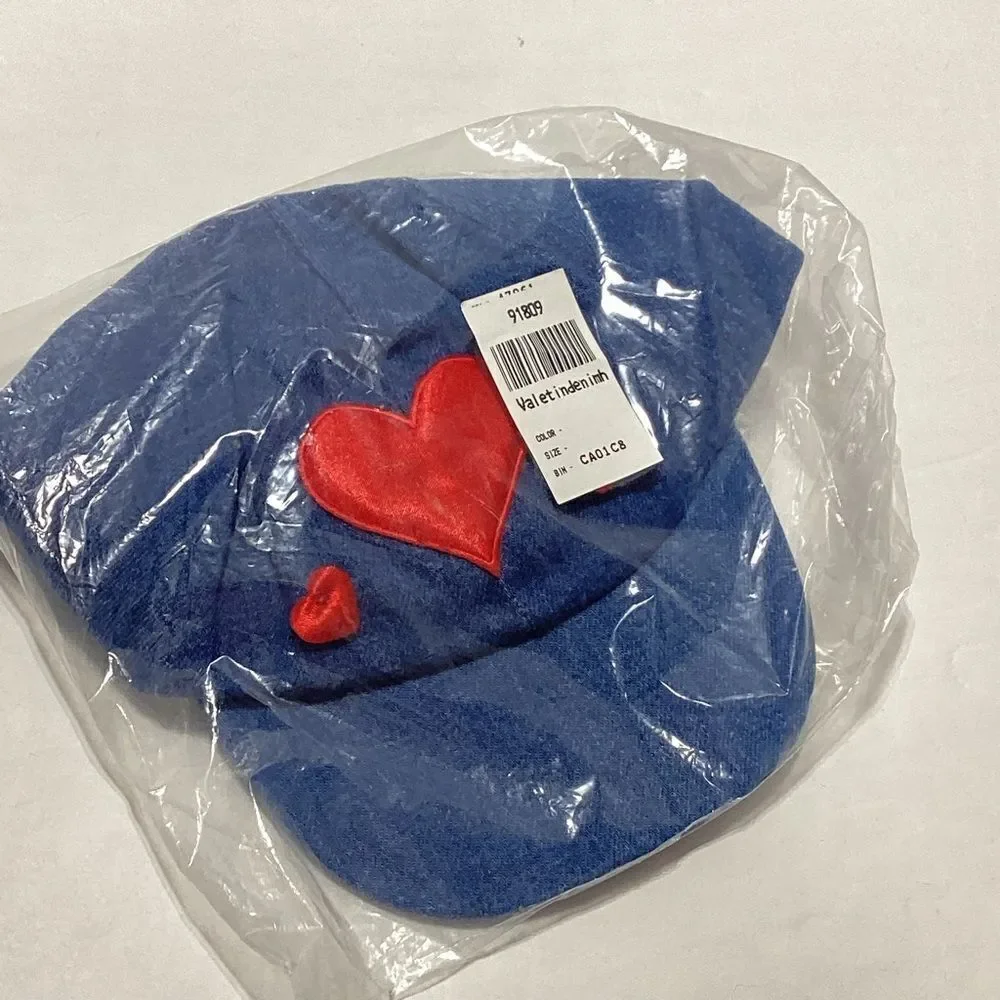 Storybook Heirlooms Denim Cap with Red Heart Accents Vintage Hat NOS Valentine